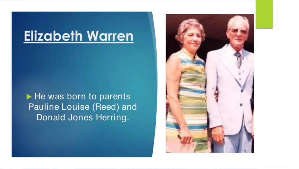 Family background slide naming Warren's parents, Pauline Louise (Reed) and Donald Jones Herring, with a photo