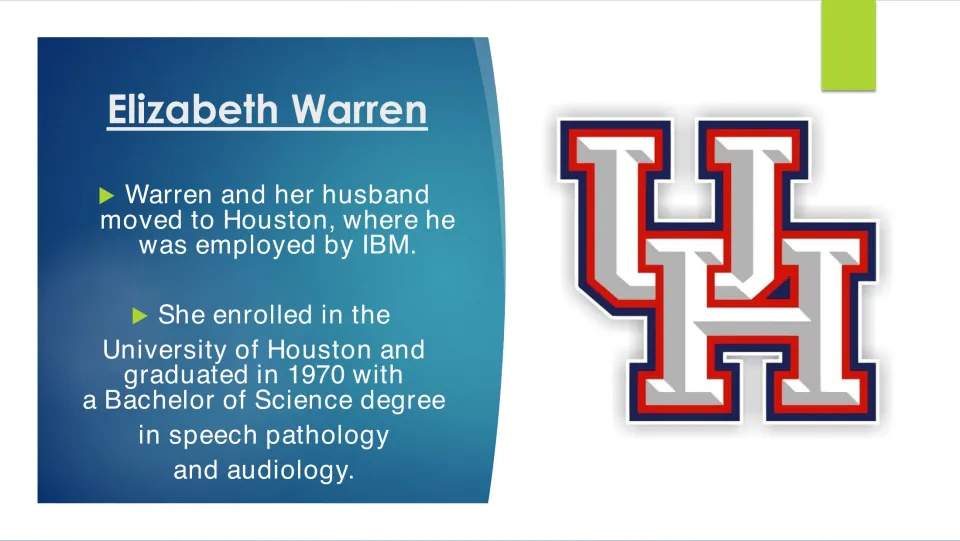 Education slide covering Warren's move to Houston and 1970 degree in speech pathology and audiology