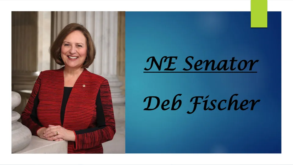 Biography presentation cover introducing Nebraska Senator Deb Fischer, with her name and portrait