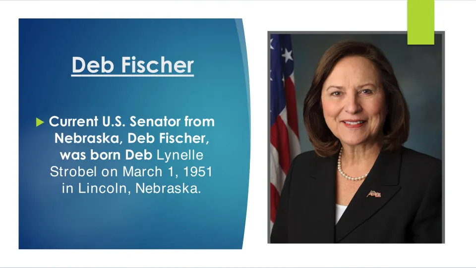 Biography slide identifying Deb Fischer's birth name as Deb Lynelle Strobel and birth date as March 1, 1951
