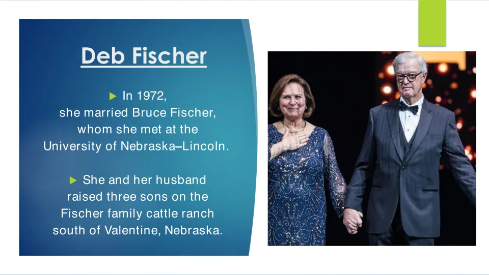 Family life slide covering Fischer's 1972 marriage to Bruce and their three sons raised on a Nebraska cattle ranch