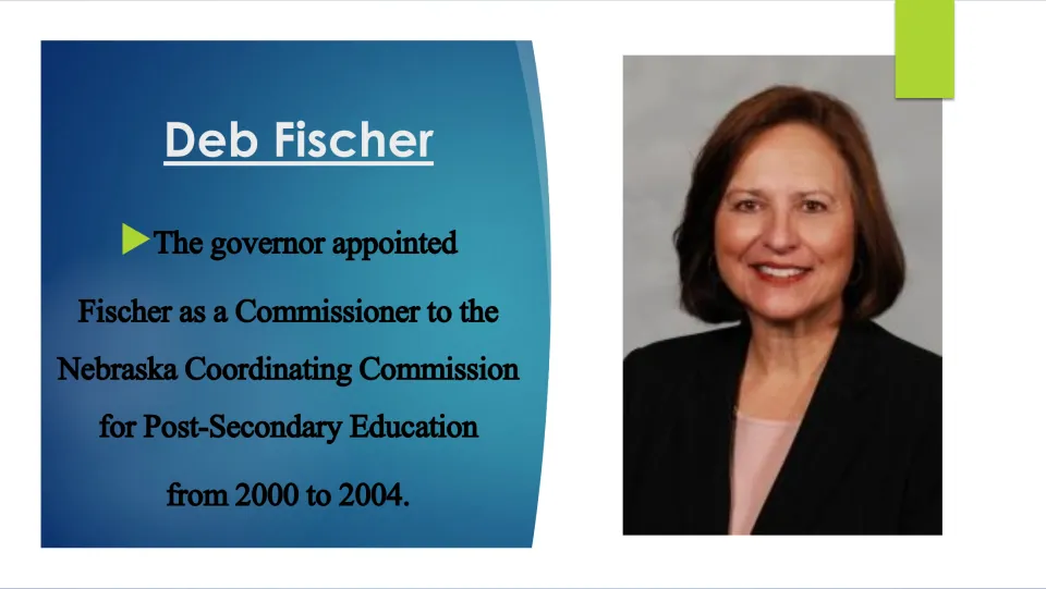 Public service slide on Fischer's appointment to Nebraska's postsecondary education commission, 2000–2004