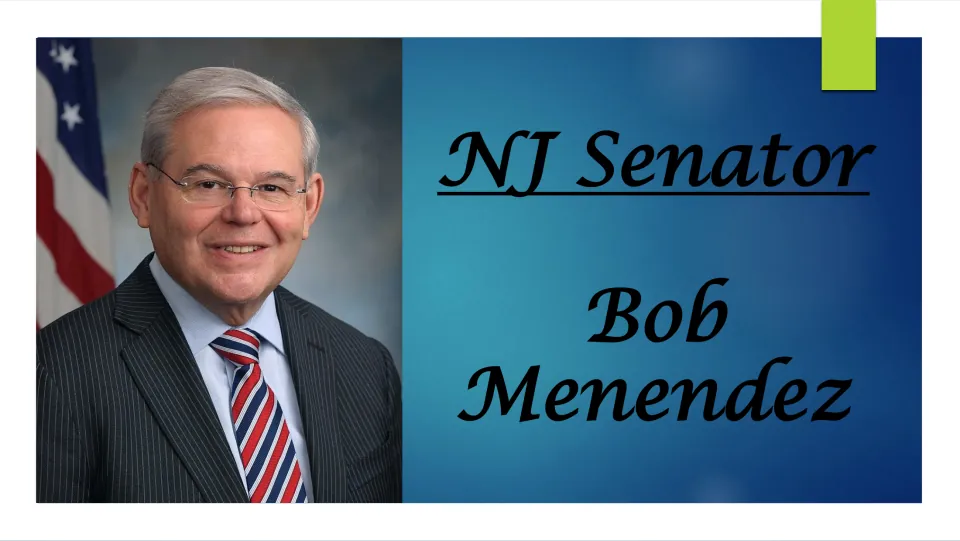 Biography presentation cover identifying Bob Menendez as a New Jersey senator, alongside his portrait