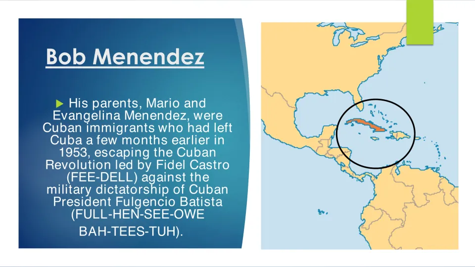 Family background slide naming Mario and Evangelina Menendez as Cuban immigrants, with a map marking Cuba