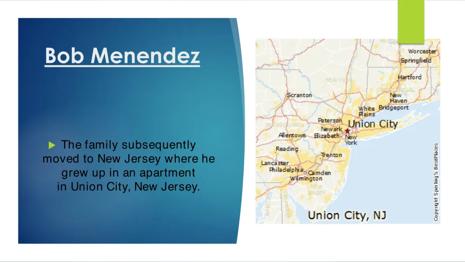Childhood biography slide describing Menendez's move to New Jersey and apartment upbringing in Union City
