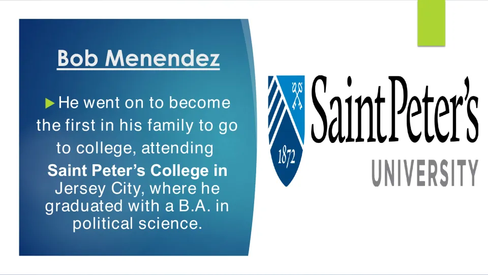 College biography slide describing Menendez as his family's first college student and a political science graduate