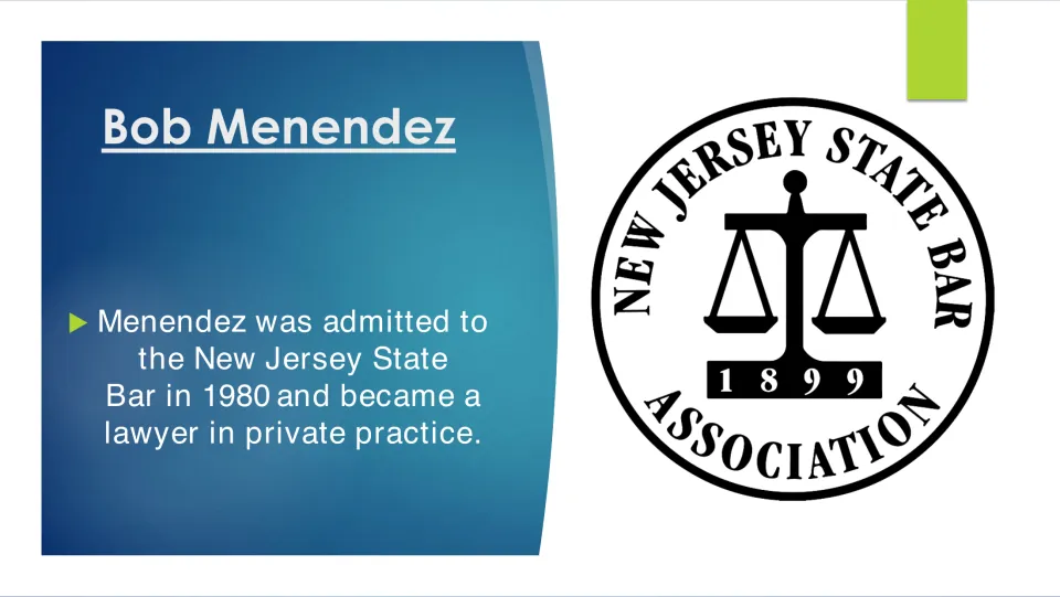 Legal career slide noting Menendez's admission to the New Jersey State Bar in 1980 and private law practice