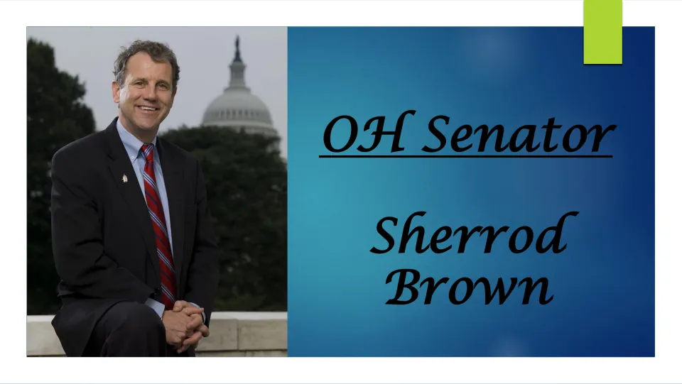Title slide for Ohio Senator Sherrod Brown biography slideshow, with his photo in front of the U.S. Capitol dome