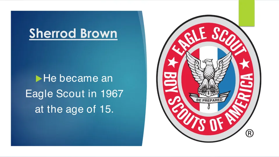 Scouting fact: Sherrod Brown became an Eagle Scout in 1967 at age 15, shown with the Boy Scouts of America badge