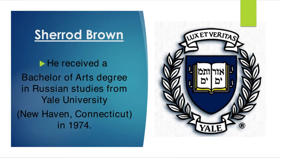 College education: Brown earned a Bachelor of Arts in Russian studies from Yale University in 1974, with Yale seal