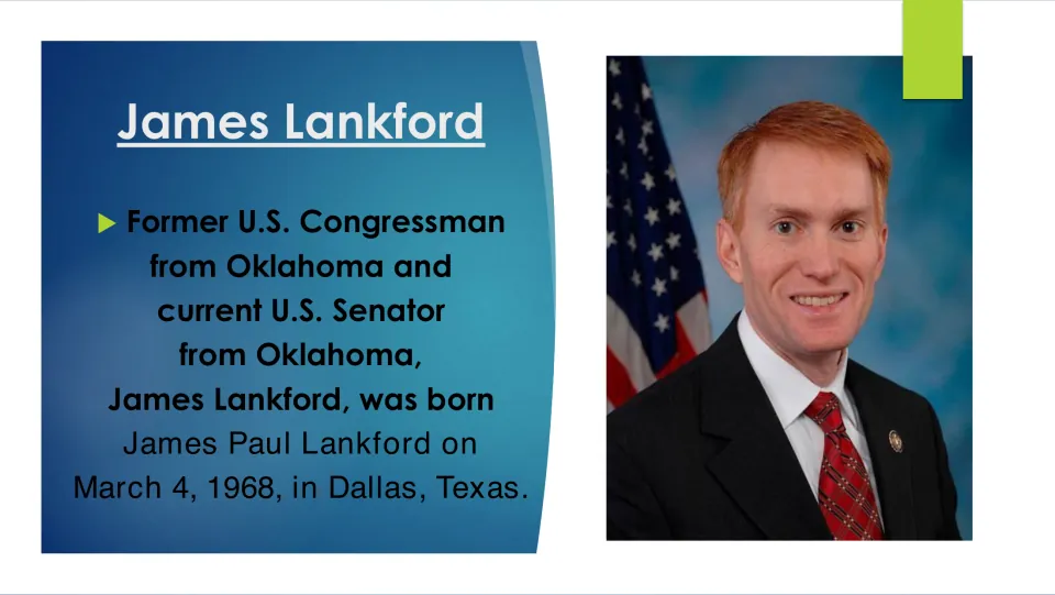 James Lankford biography slide: born James Paul Lankford on March 4, 1968, in Dallas, Texas, with his official portrait