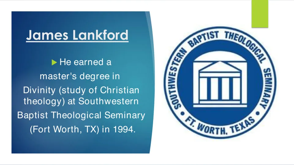 Lankford seminary slide: master's in Divinity from Southwestern Baptist Theological Seminary, Fort Worth, 1994, with seal