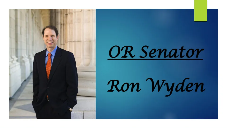 Biography presentation cover introducing Oregon Senator Ron Wyden, with his name and a portrait