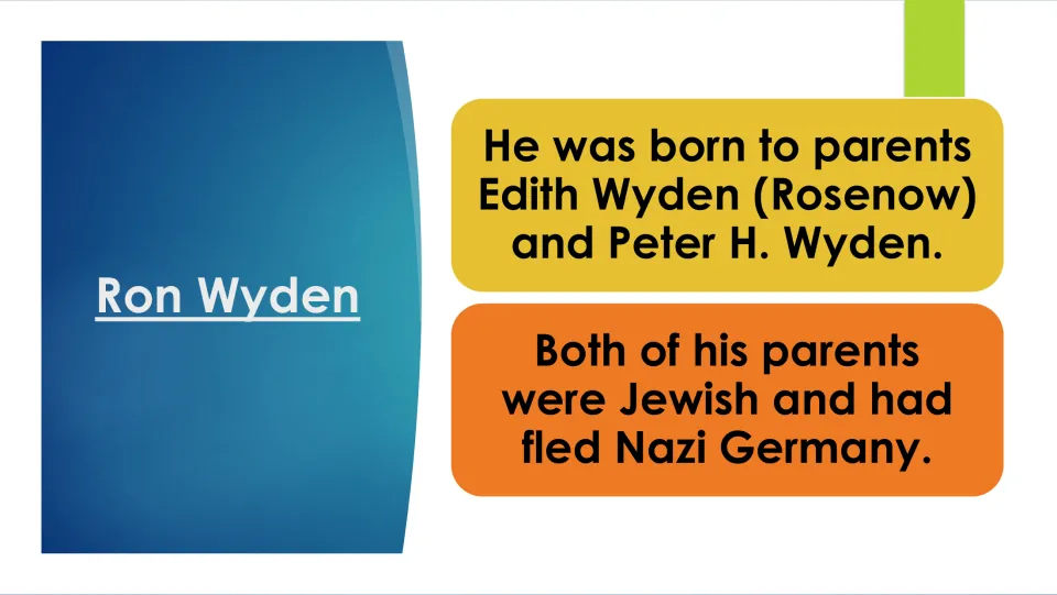 Biography slide naming Ron Wyden's parents, Edith and Peter, and stating that both fled Nazi Germany