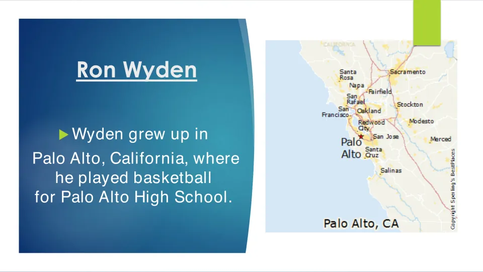Biography slide on Ron Wyden growing up in Palo Alto, California, and playing high school basketball