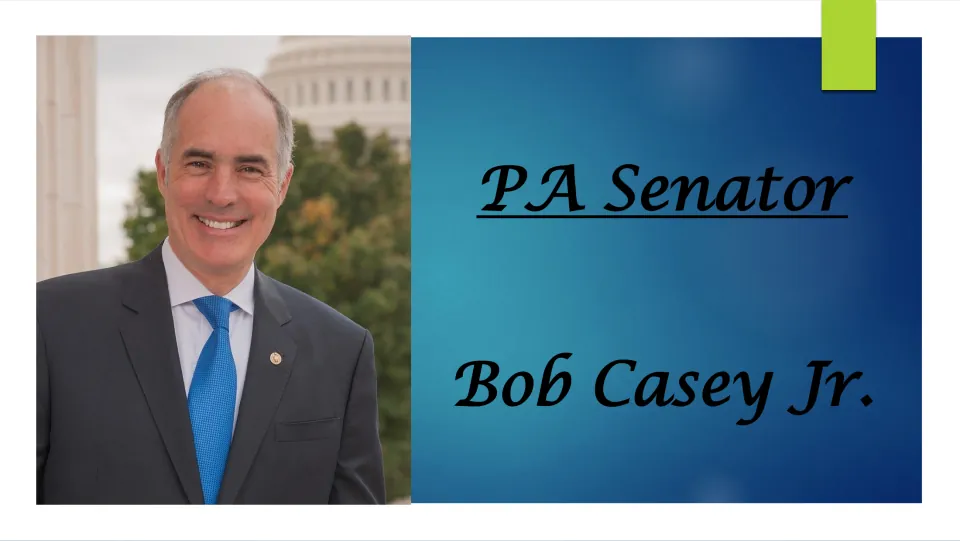 Biography slideshow cover introducing Bob Casey Jr. as a Pennsylvania senator, with his portrait
