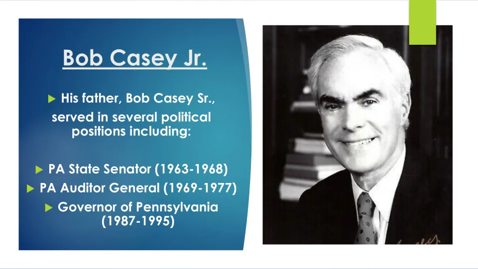 Family history slide listing Bob Casey Sr.'s service as Pennsylvania state senator, auditor general, and governor