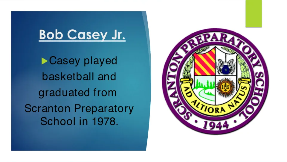 Education slide noting Bob Casey Jr. played basketball and graduated from Scranton Preparatory School in 1978