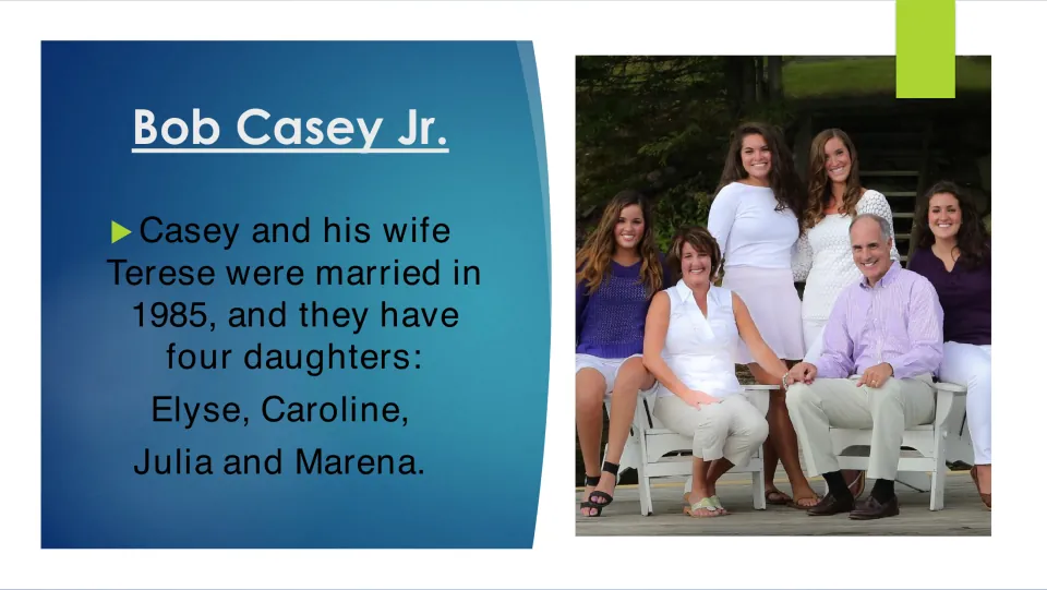 Family slide noting Casey's 1985 marriage to Terese and naming daughters Elyse, Caroline, Julia, and Marena