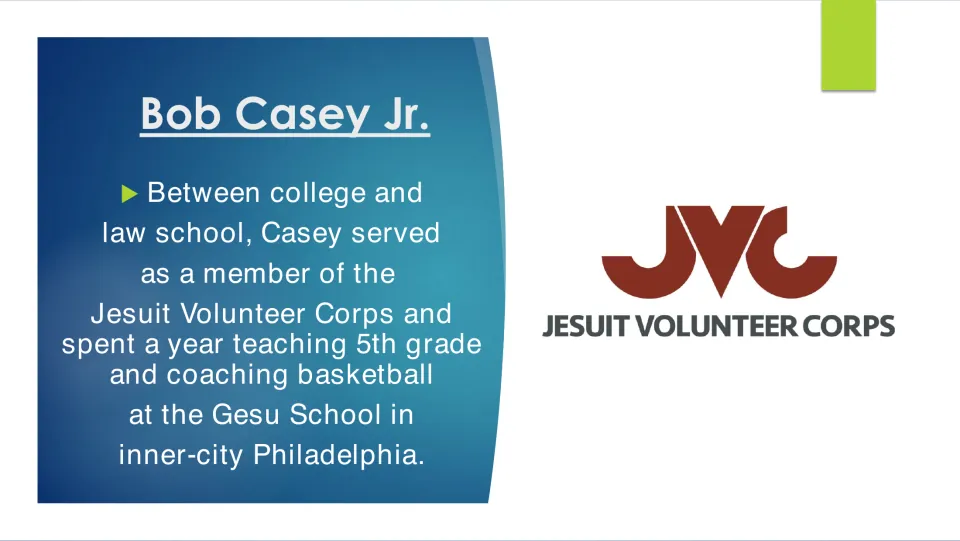 Volunteer service slide describing Casey teaching fifth grade and coaching basketball at Gesu School