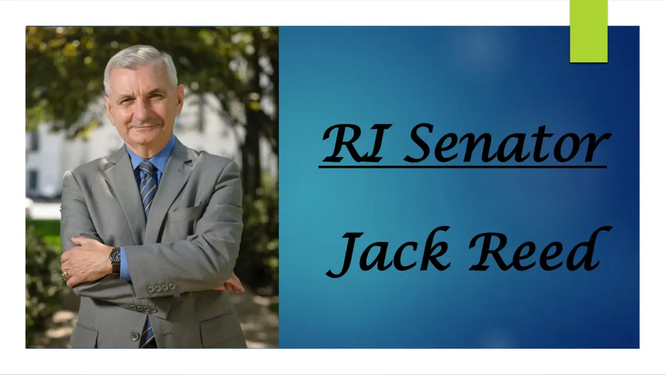 Title slide reading RI Senator Jack Reed beside a portrait photo of the senator, opening his biography slideshow