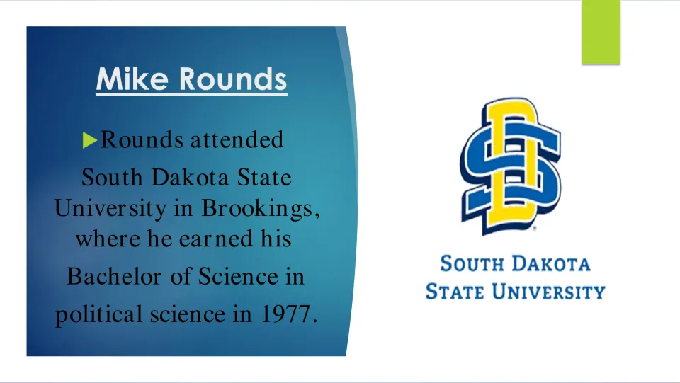 Education slide noting Mike Rounds earned a political science BS at South Dakota State University in 1977
