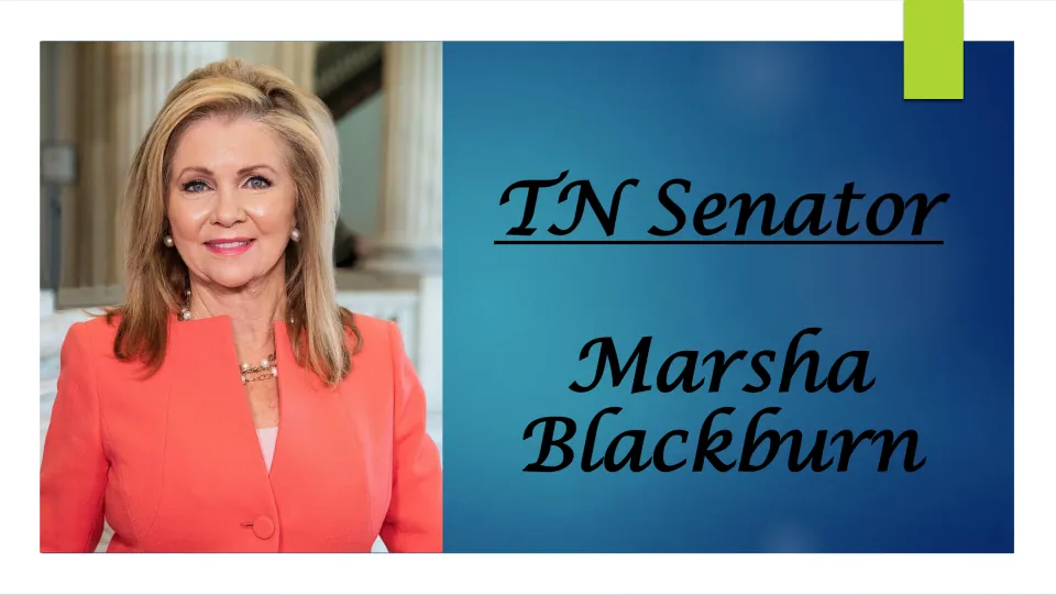Biography presentation cover introducing Tennessee Senator Marsha Blackburn, with her name and portrait