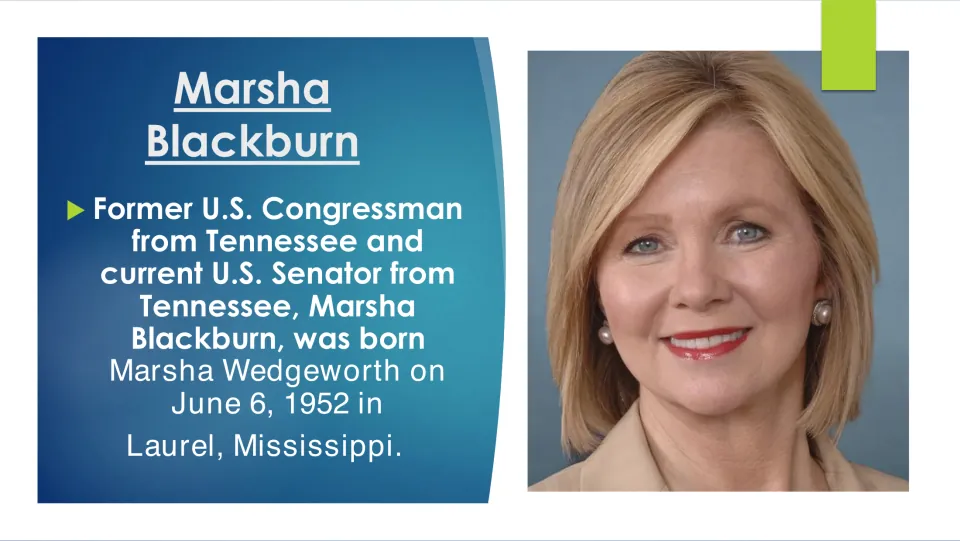 Biography slide identifying Marsha Blackburn's birth name as Marsha Wedgeworth and birth date as June 6, 1952