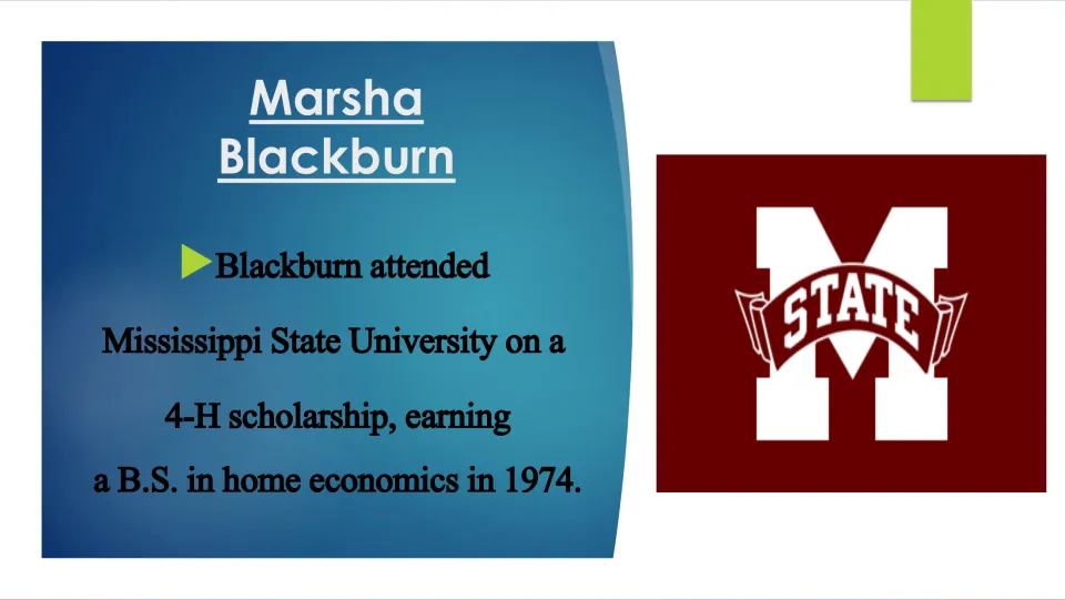Education slide on Blackburn's 4-H scholarship to Mississippi State and 1974 B.S. degree in home economics
