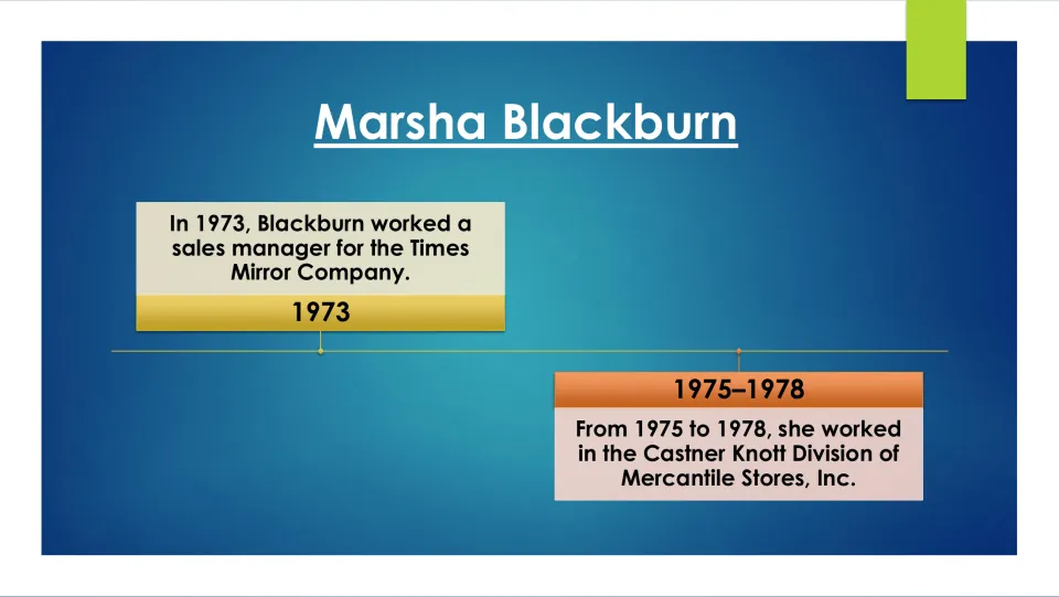 Career timeline slide listing Blackburn's work at Times Mirror in 1973 and Castner Knott from 1975 to 1978