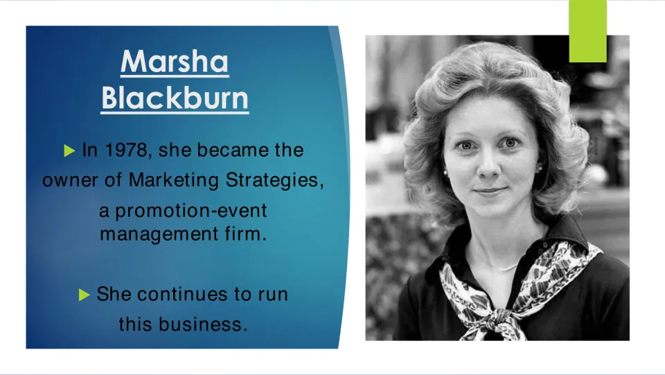 Business career slide describing Blackburn becoming owner of Marketing Strategies, an event firm, in 1978
