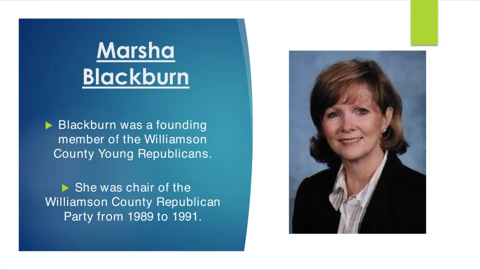 Political biography slide on Blackburn's Williamson County Young Republicans and 1989–1991 party chair role