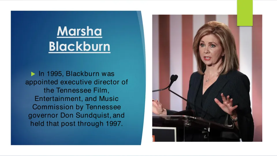 Career slide on Blackburn leading the Tennessee Film, Entertainment, and Music Commission from 1995 to 1997