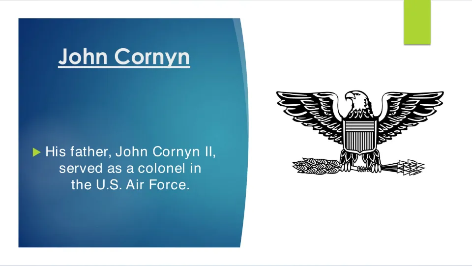 Biography slide describing John Cornyn II, the senator’s father, as a colonel in the U.S. Air Force