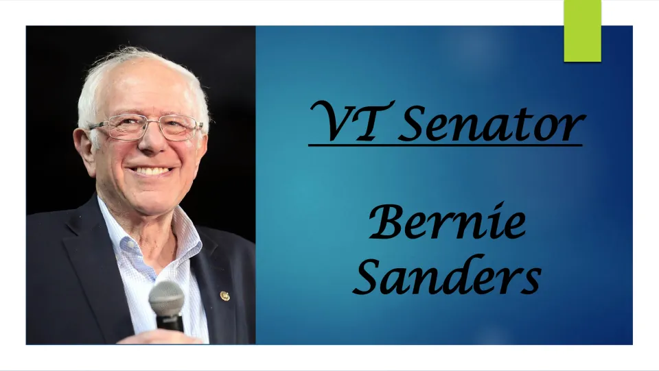 Biography presentation cover identifying Bernie Sanders as a Vermont senator, with his portrait holding a microphone