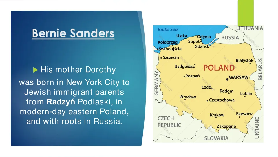 Family background slide describing Sanders's mother Dorothy and her Jewish family's Polish and Russian roots