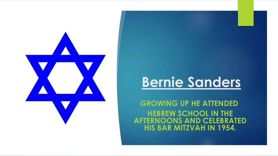 Childhood biography slide describing Sanders's afternoon Hebrew school attendance and his bar mitzvah in 1954