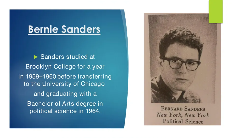 College biography slide tracing Sanders's move from Brooklyn College to a 1964 University of Chicago degree