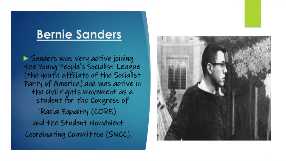 Student activism slide describing Sanders's involvement in the Young People's Socialist League, CORE, and SNCC