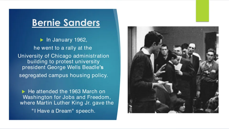 Civil rights biography slide covering Sanders's 1962 campus housing protest and the 1963 March on Washington