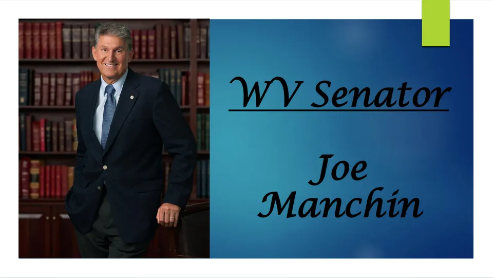 Title slide for a biography presentation on WV Senator Joe Manchin, with his portrait in front of bookshelves