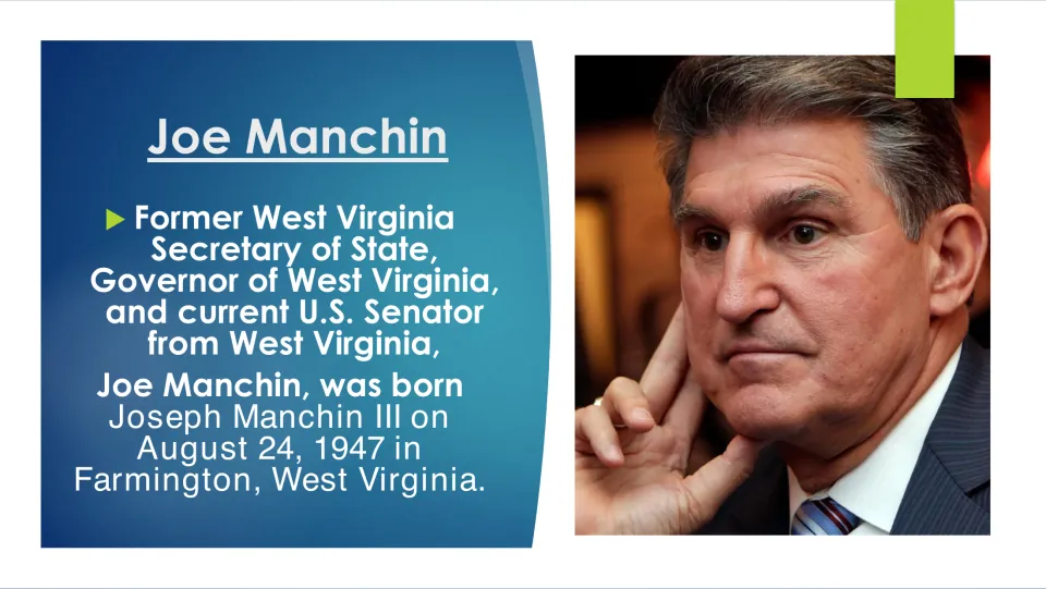 Joe Manchin intro slide: his past offices, U.S. Senate seat and birth on August 24, 1947 in Farmington, West Virginia