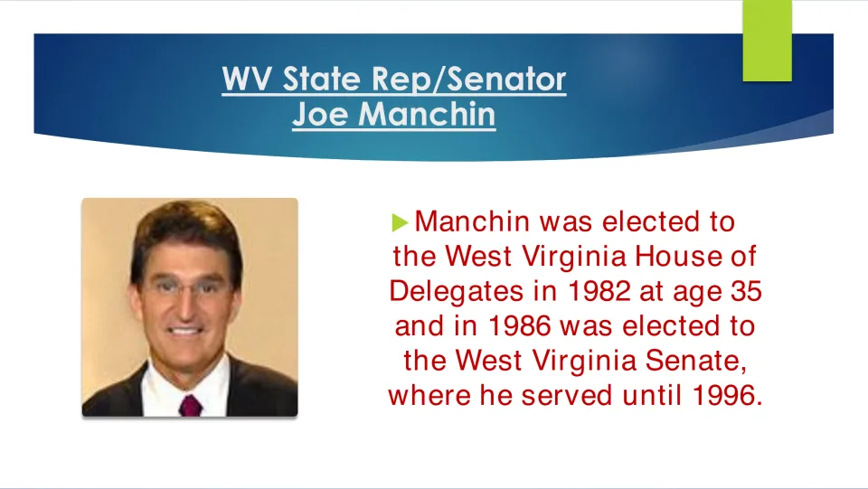 Manchin in state politics: elected to the WV House of Delegates in 1982 at age 35 and the WV Senate in 1986 until 1996