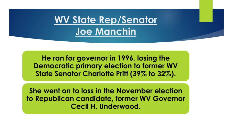 Manchin's 1996 run for governor: losing the Democratic primary to Charlotte Pritt, who then lost to Cecil H. Underwood