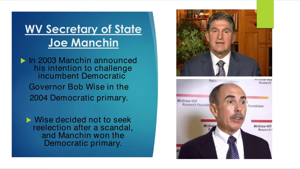 Manchin's 2004 governor bid: his challenge to Bob Wise, who left the race after a scandal, and his Democratic primary win