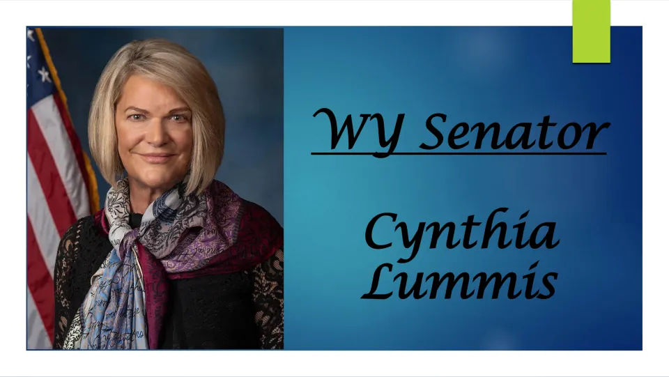 Biography presentation cover introducing Wyoming Senator Cynthia Lummis, with her name and official portrait