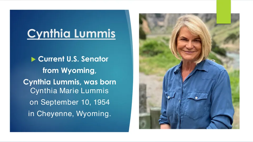 Biography slide giving Cynthia Marie Lummis's birth date as September 10, 1954, in Cheyenne, Wyoming