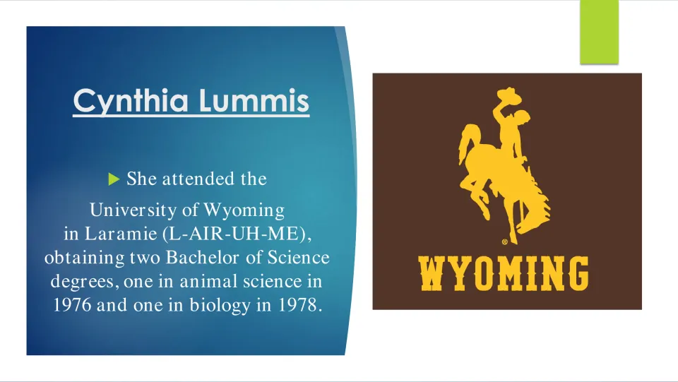 Education slide listing Lummis's University of Wyoming degrees in animal science (1976) and biology (1978)