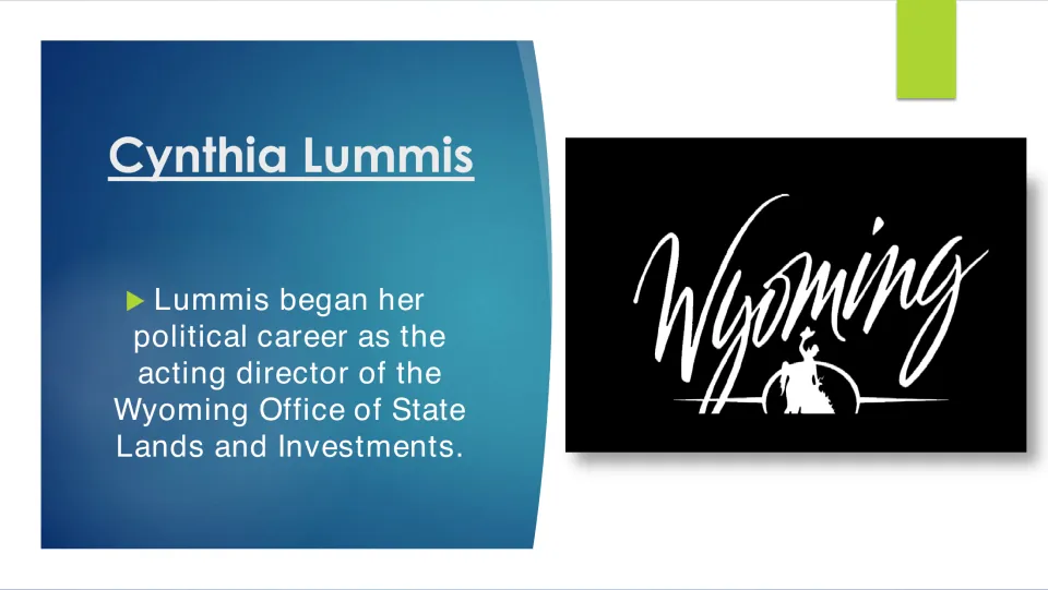 Career slide identifying Lummis as acting director of the Wyoming Office of State Lands and Investments