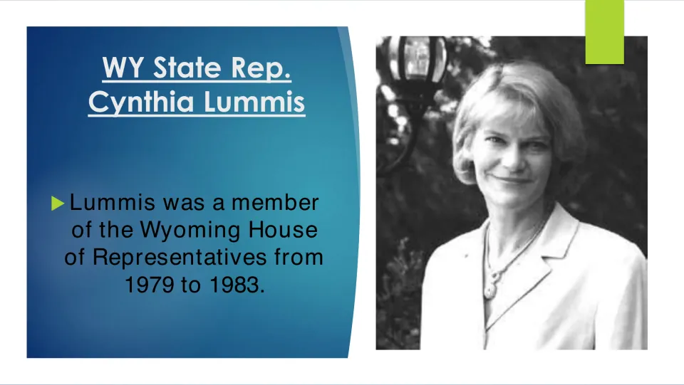 State government career slide listing Cynthia Lummis's Wyoming House of Representatives service, 1979–1983